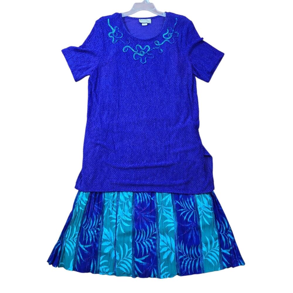 Vtg 2 Pc Matthew & David For B.L. Sz 16W Crinkle Skirt & Top Blue Summer USA